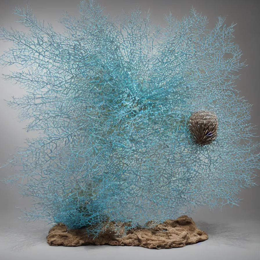 Image similar to hyperrealistic sculpture of a distressed bronze ancient fossilized echinoderm sea urchin dusted with opalescent blue spraypaint and ferns in a nylon grid cage on a pedestal by ron mueck and duane hanson and lee bontecou, hyperrealistic dramatic colored lighting trending on artstation 8 k