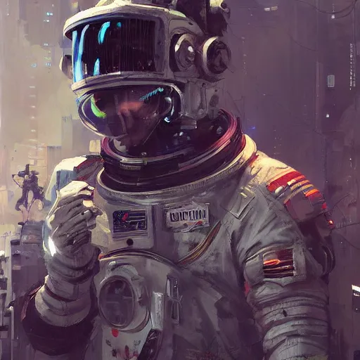 Prompt: astronaut, cyberpunk, realistic, detailed, Industrial Scifi, paint, in the style of Ashley Wood and Wadim Kashin