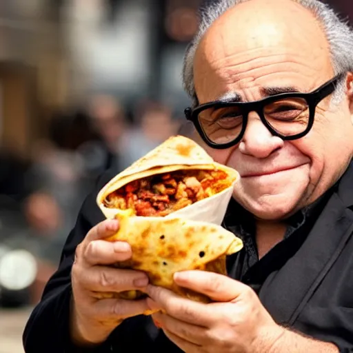 Prompt: movie still of danny devito eating a burrito, 4k