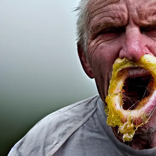 Image similar to National Geographic photo of angry old man with spiders in his mouth