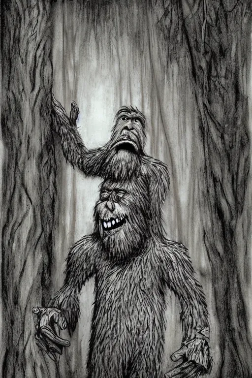 Image similar to mad bigfoot screaming in the woods artwork by ben templesmith