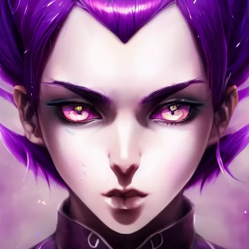 Image similar to beautiful anime women with purple hair, a straight horn on her forehead, purple eyes, a purple tuxedo, sharp focus, intricate, cell shaded, award winning photography, cinematic, digital painting, cinematic, wlop, 8 k, by ross tran, tom bagshaw