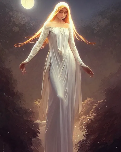 Image similar to Angels in white gauze dresses, the glow of the moonlight, fantasy, intricate, elegant, highly detailed, digital painting, artstation, concept art, matte, sharp focus, illustration, art by Artgerm and Greg Rutkowski and Alphonse Mucha, trending on instagram