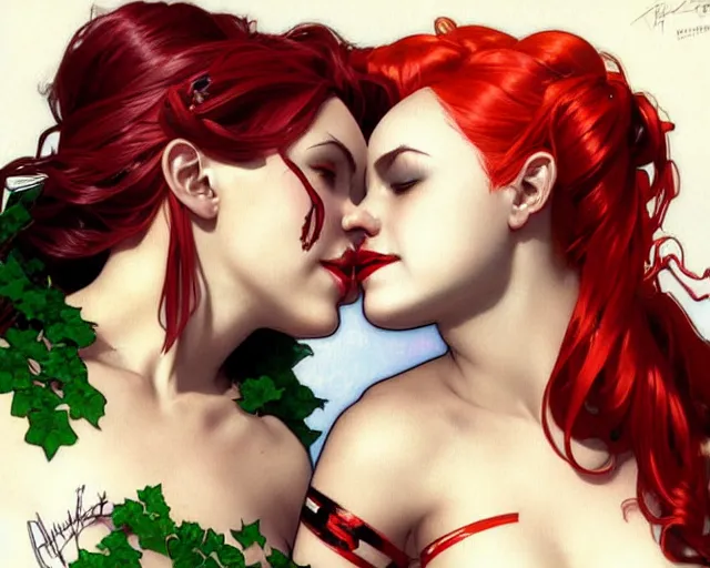 Image similar to poison ivy and harley quinn smooching, digital painting, trending on artstation, by artgerm and greg rutkowski and alphonse mucha