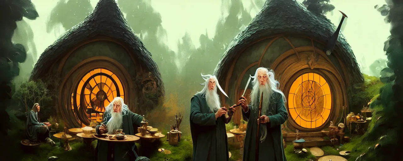Image similar to duotone concept illustration 3 / 4 portrait of 2 persons jrr tolkien and wizard gandalf in hobbit house smoking pipe rustical style. cinematic volumentric lighting. accidental renaissance. by sachin teng and sergey kolesov and ruan jia and heng z. graffiti art, scifi, fantasy, hyper detailed. octane render. concept art. trending on artstation