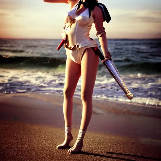 Image similar to photograph of a cute girl cosplaying as Nami from One Piece standing on a beach, cosplay, photo by Mert and Marcus