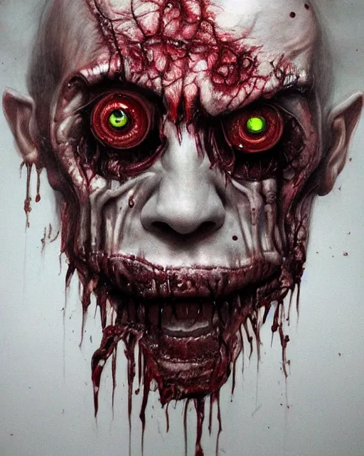 Image similar to Haunting horrifying hyperrealistic detailed painting of a huge muscular hulking flesh demon covered in thick black blood and bone showing through holes in the flesh, disgusting, creepy, unsettling, and bloodshot eyeballs, hyper detailed, trending on Artstation