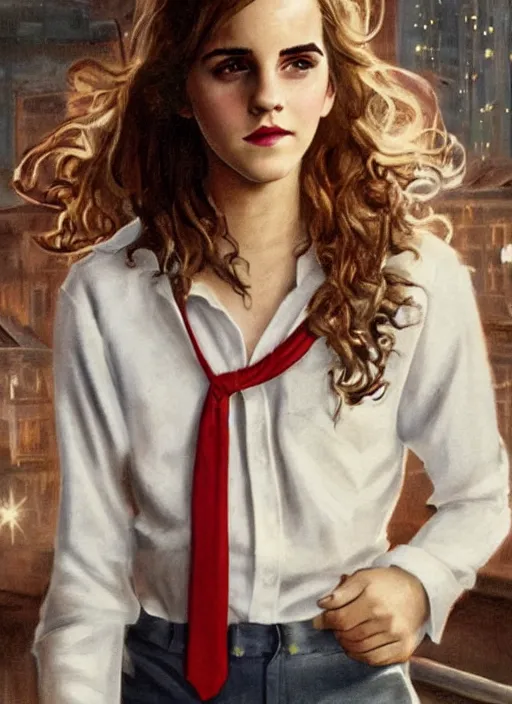 Prompt: portrait of teenage emma watson, long haircut, flowing blonde curly hair, white shirt, red tie, smiling kindly, soviet house at background, 1 9 8 0 s, intricate, elegant, glowing lights, highly detailed, digital painting, artstation, concept art, smooth, sharp focus, illustration, art by wlop, mars ravelo and greg rutkowski