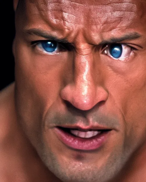 Image similar to Film still close-up shot of Dwayne Johnson as Rocky Balboa from the movie Rocky. Photographic, photography