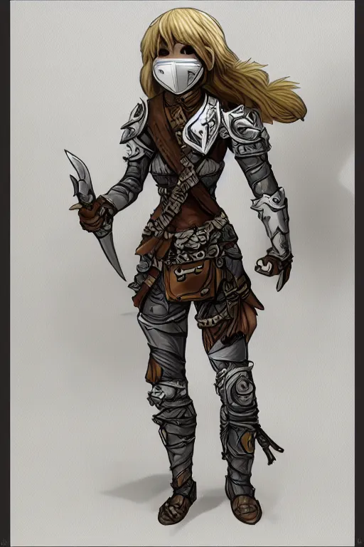 Image similar to female adventurer in tight full - body sticky note stack paper chainmail - style armor and a white porcelain crow mask, trending in artstation, japanese, artstation, establishing shot