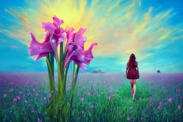 Image similar to giant gladiola head, girl walking in field of flowers, surreal photography, sunrise, blue sky, dramatic light, impressionist painting, digital painting, artstation, simon stalenhag