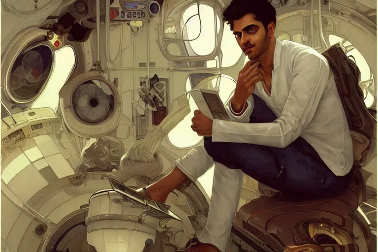 Image similar to Pensive good looking pale young Indian doctors wearing jeans in a space station above Earth, portrait, elegant, intricate, digital painting, artstation, concept art, smooth, sharp focus, illustration, art by artgerm and greg rutkowski and alphonse mucha