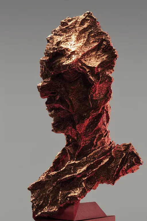Image similar to realistic 8k Roberto Ferri Sculpture of random jagged reflective metal pieces forming the shape of a person silhouetted by a bright red sun, volumetric god rays, glinting metal, neon colors, cyberpunk, smooth, sharp focus, 24mm lens, DOF, hyper realistic, art by Greg Rutkowski and Ruan Jia and Giger