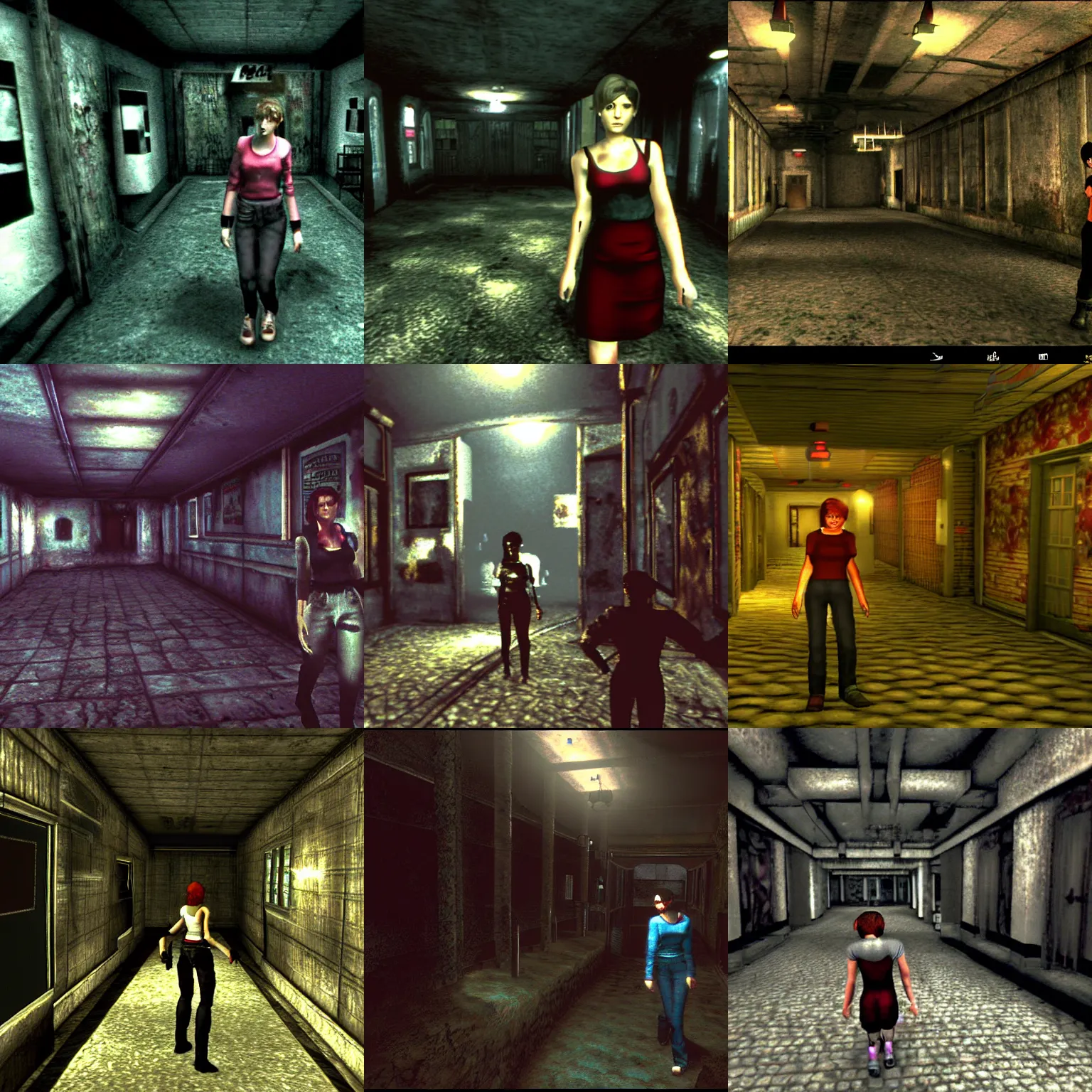 Prompt: Rebecca from Resident evil Playstation 1 is walking in an amusement park. dark atmosphere. Ingame ps1 screenshot.