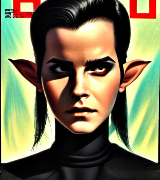 Image similar to a cyberpunk very ugly mafia boss in a suit with slicked back black hair played by emma watson as an elf, 1 9 7 9 omni magazine cover, style by vincent di fate, artgerm, very coherent, detailed, 4 k resolution, bright, unreal engine, daz