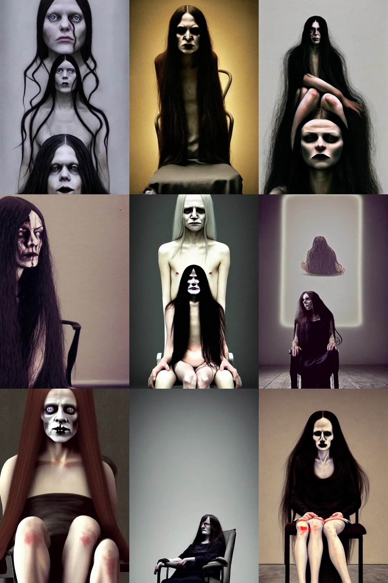 Prompt: a woman with long hair sitting in a chair, art style by vanessa beecroft and gottfried helnwein, trending in artstation, movie still, antichrist, goth, masterpiece, horror film