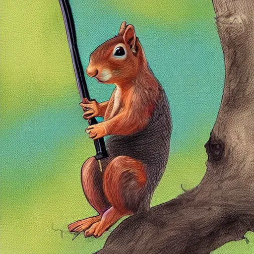 Prompt: A squirrel dressed as Peter Pan holding a crossbow. Digital art