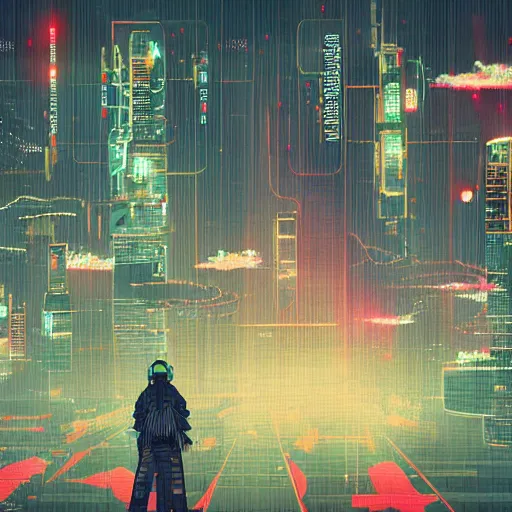 Image similar to far away city in the style of cyberpunk ontop of a mountain, space sky, anime illustration,