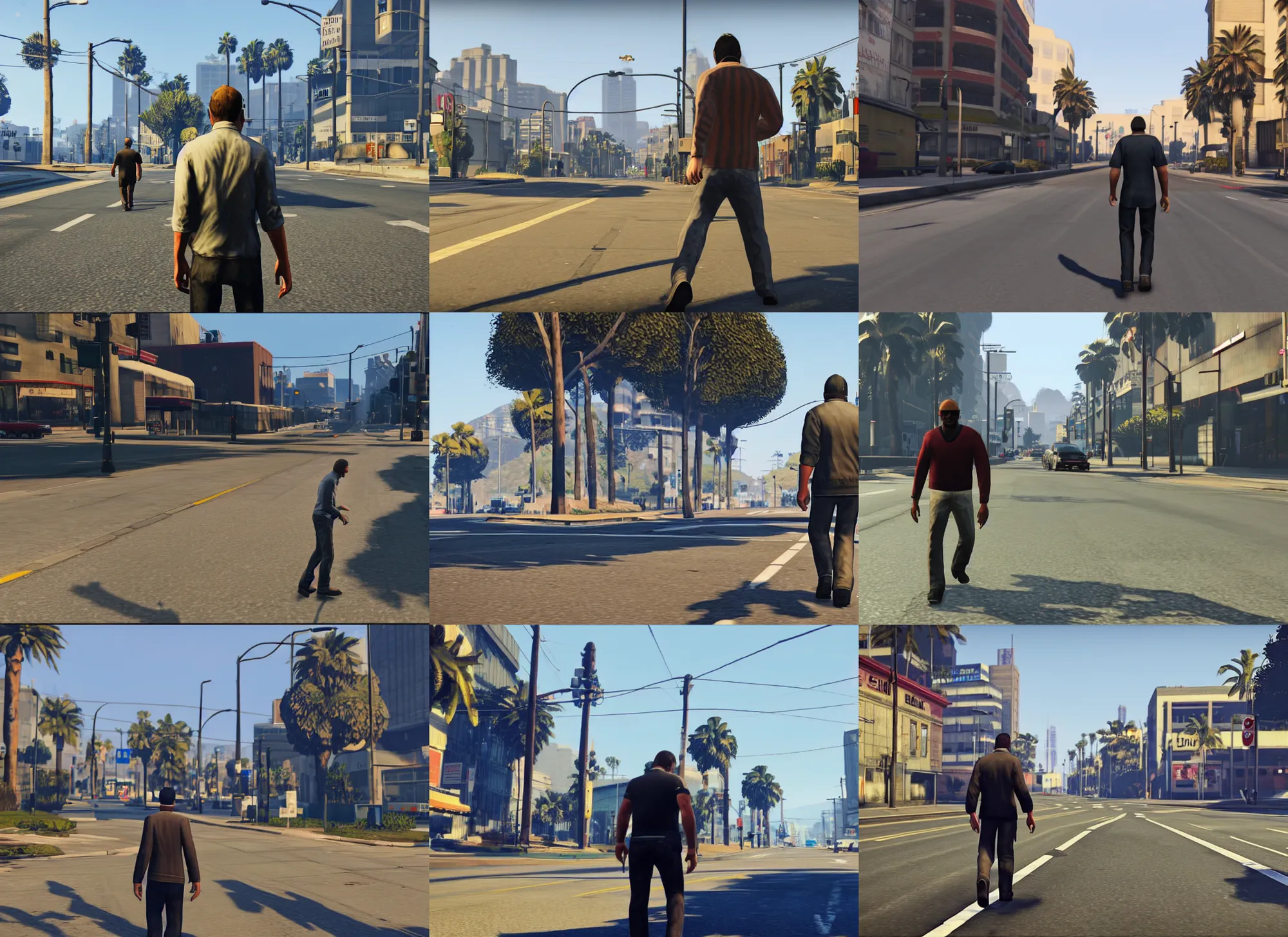 Prompt: A man walking on the street, screenshot , GTA5
