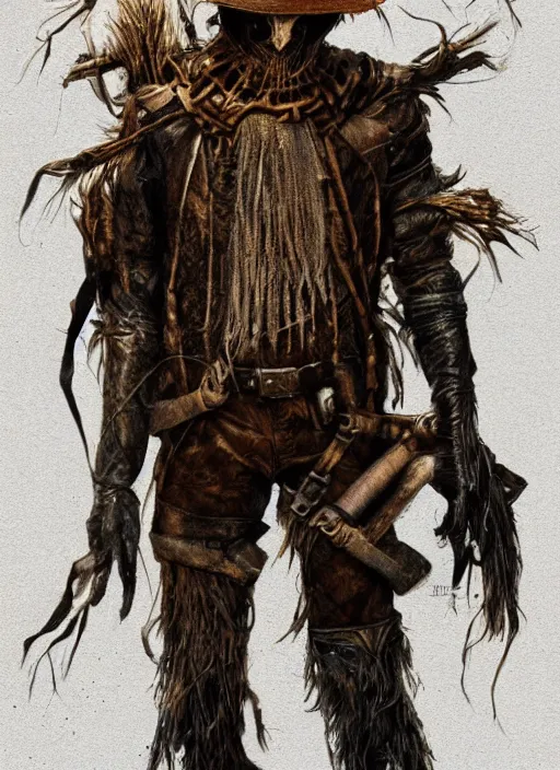 Image similar to powerful male scarecrow, willem dafoe as scarecrow, land of oz, full body character concept, covered in full leather armor, art nouveau, super powers, fantasy, intricate, elegant, highly detailed, digital painting, artstation, concept art, shining, sharp focus, illustration, art by stanley lau