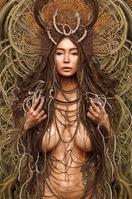 Image similar to an immaculate render of a dancing tribal goddess adorned with leaves and cables and bird wings parts in a temple surrounded by wild tentacles made from mandalas and incense smoke, full body, perfect face, powerful, cinematic, beautifully lit, by artgerm, by karol bak, 3 d, trending on artstation, octane render, 8 k