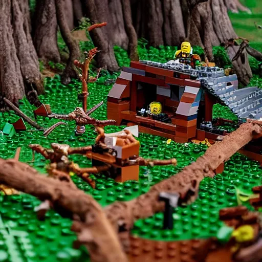 Image similar to an epic battle scene in a forest but its lego, accurate, 4 k, lego