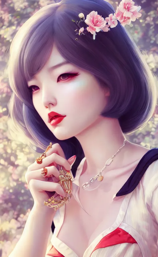 Image similar to a pin up and beautiful fashion charming dreamlke korea girl with lv jewelry, character art, art by artgerm lau and kyoung hwan kim and and ilya kuvshinov and john singer sargent, hyperdetailed, 8 k realistic, symmetrical, frostbite 3 engine, cryengine, dof, trending on artstation, digital art