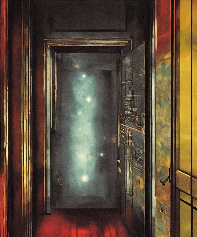 Prompt: horrifying full color photorealistic painting of a 1 9 2 5 hotel elevator opening up to a disorted view of the cosmos, dark, atmospheric, brooding, smooth, finely detailed, cinematic, epic, in the style of lee gibbons