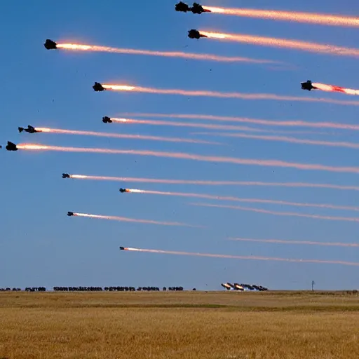 Image similar to hundreds of missiles launching from the american midwest, realistic, photograph by dod