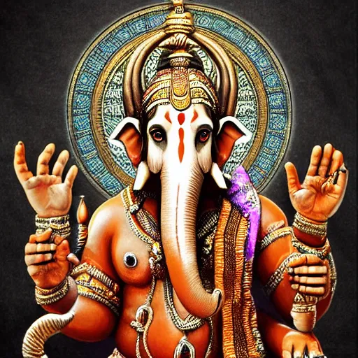 Prompt: Ultra realistic digital artwork of ganesha crossed with baphomet, biblical art style, mana art, prophetic art, ultra detailed, high coherency, DSLR HDR 8k, by Simon Wong of Artstation