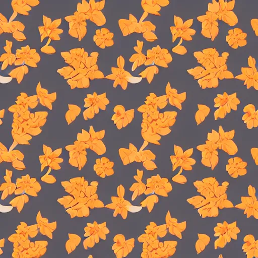 Image similar to repeating fabric pattern, minimalistic, miniature tiny orange and peach color flowers, brown vines and leaves