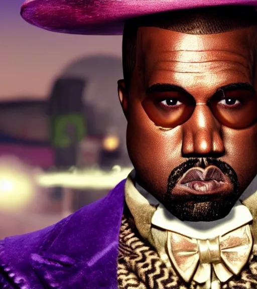 Image similar to Portrait of Kanye West as willy wonka in fallout new vegas, splash art, movie still, cinematic lighting, dramatic, octane render, long lens, shallow depth of field, bokeh, anamorphic lens flare, 8k, hyper detailed, 35mm film grain