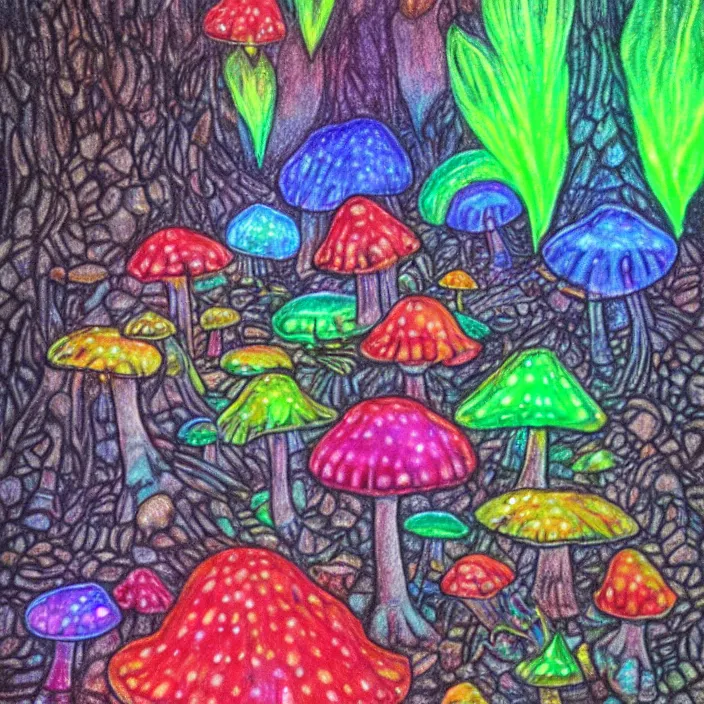 Image similar to a large cave lit by glowing mushrooms, colorful crystals grow from the ground, drawn with colored pencils, gloomy mood, highly detailed