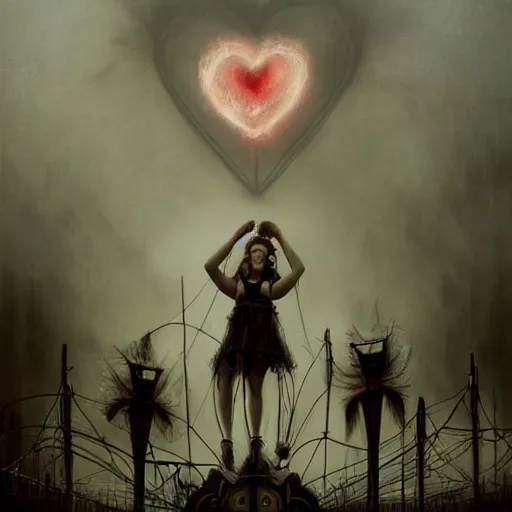 Image similar to By Tom Bagshaw, ultra realist soft painting of curiosity carnival by night, Heart attached in barbed wires, symmetry accurate features, very intricate details, ominous sky, black and white, volumetric light clouds