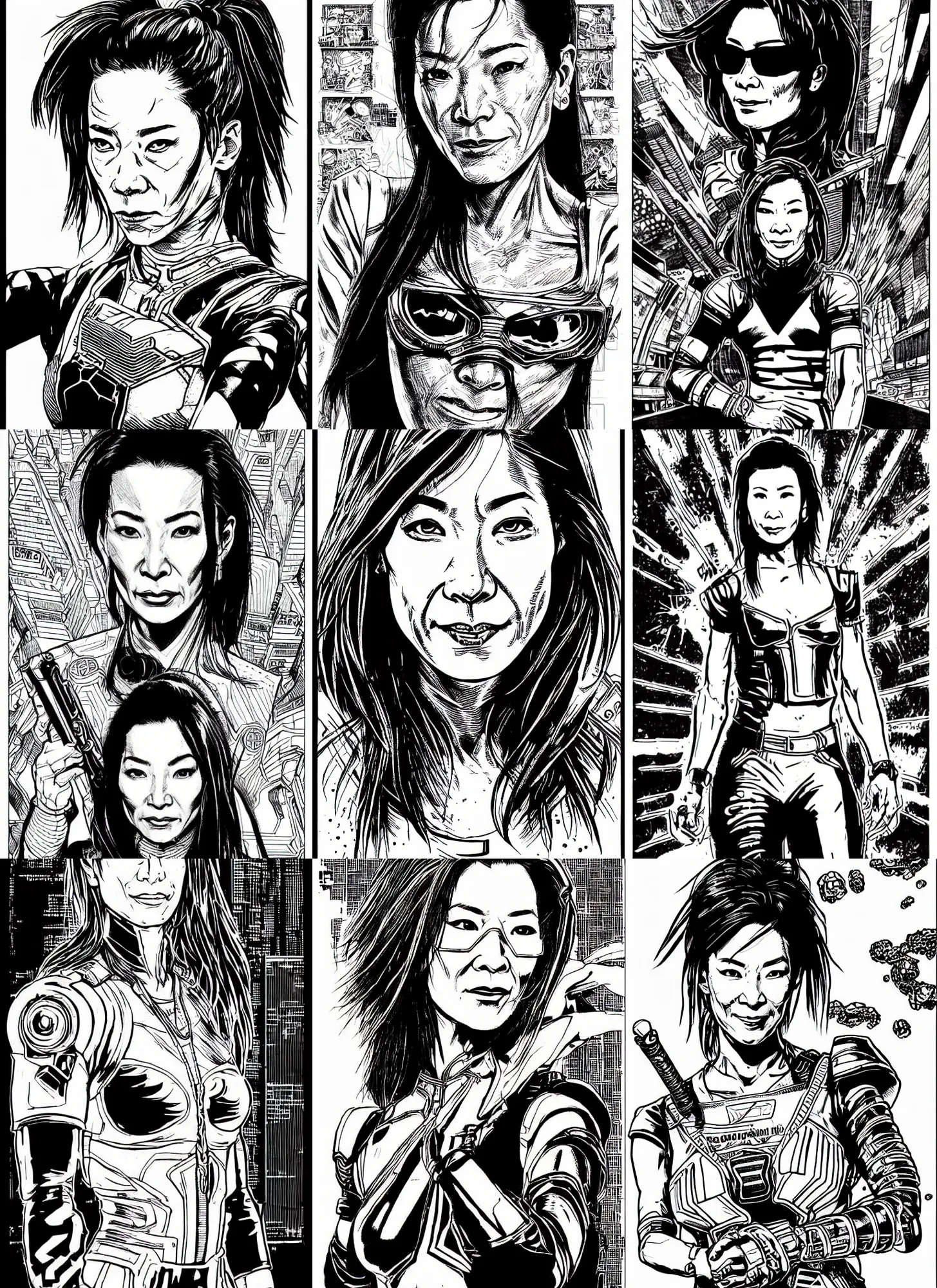 Prompt: michelle yeoh, portrait, cyberpunk 2 0 2 0 manual, by steampoweredmikej, inktober, ink drawing, black and white, coloring pages, manga, highly detailed