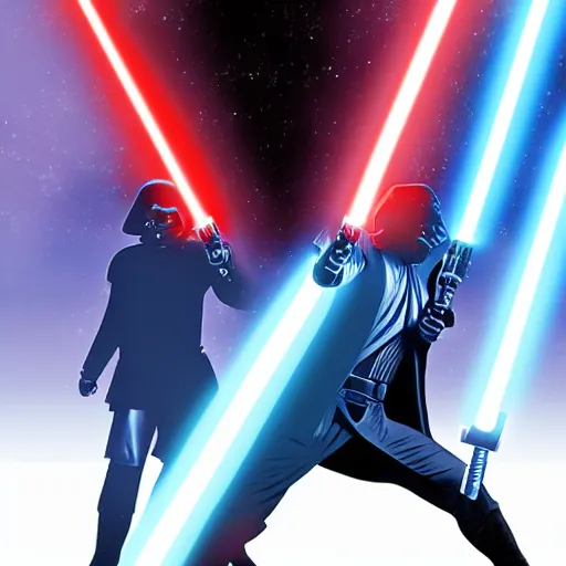 Prompt: Luke Skywalker facing Darth Vader, a vibrant lightsaber battle, digital art, 4k