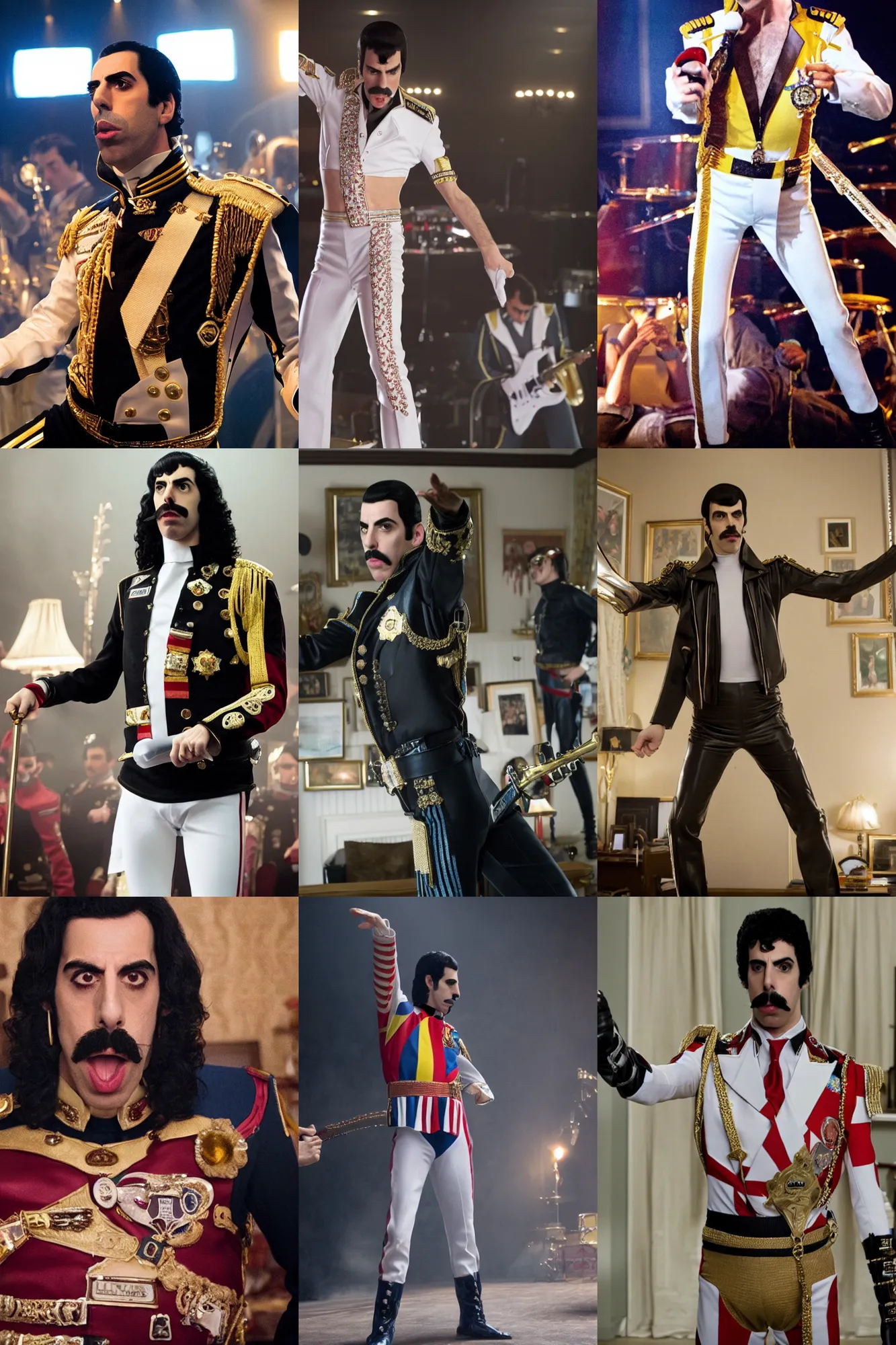 Prompt: movie still of sacha baron cohen as freddie mercury in biopic, 4 k, high quality