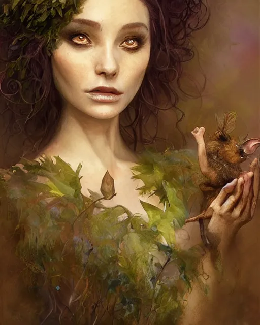 Image similar to portrait character design painting, dryad musician inspired by brian froud, portrait, accompanied by a cute feathered mouse, studio lighting by jessica rossier and brian froud and gaston bussiere