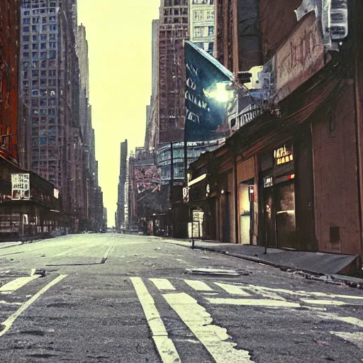 Prompt: color photograph, highly detailed abandoned New York city street at night after the war between humans and AIs, natural light, film grain, soft vignette, sigma 85mm f/1.4 1/10 sec shutter, film still promotional image, IMAX 70mm footage