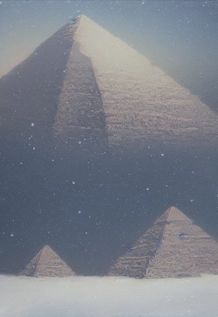 Prompt: the pyramids of egypt covered in snow, oil on canvas, fantasy, trending on artstation, digital art.