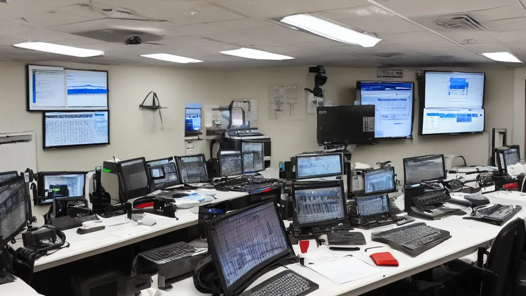 Image similar to A dark room full of computer and radio monitoring equipment and displays