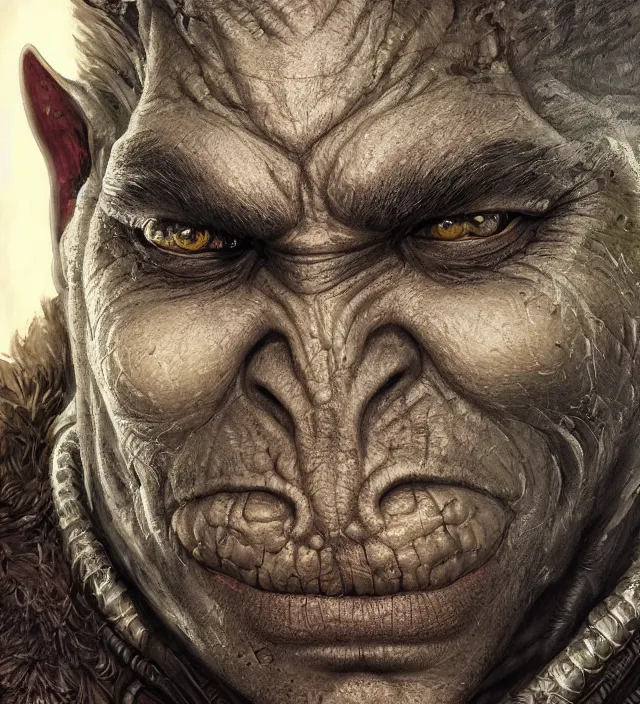 Image similar to portrait of an orc, detailed eyes, fantasy, intricate, highly detailed, digital painting, 4 k, hdr, concept art, smooth, sharp focus, illustration, by wayne reynolds