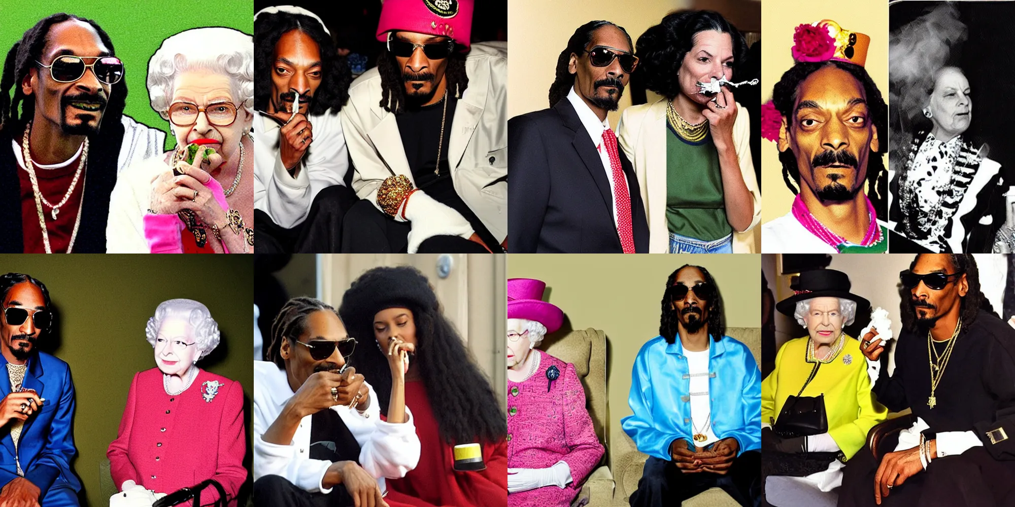 Prompt: Snoop Dogg and Queen Elizabeth smoking weed