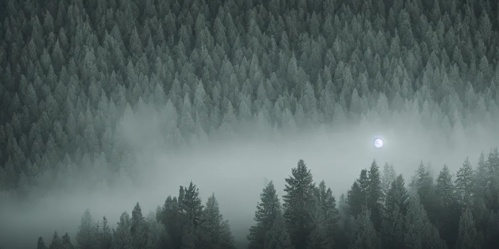 Image similar to moonlit night, forested mountains, cold light, dense forest, overhead view, fog