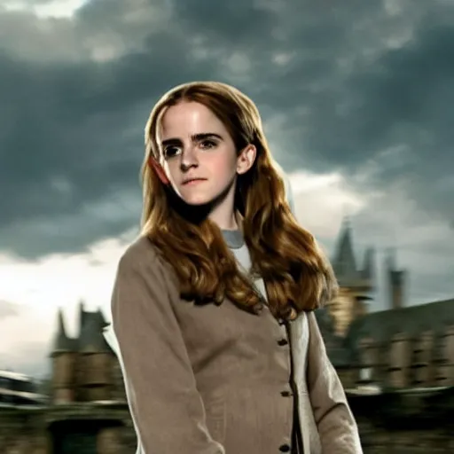 Image similar to Photo of Emma Watson as Hermione Granger on top of a tank in Hogwarts, establishing shot