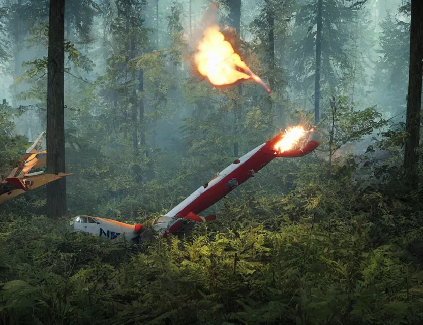 Image similar to a the forest game screenshot with a crashed plane, player is holding a lighter. ultra realistic