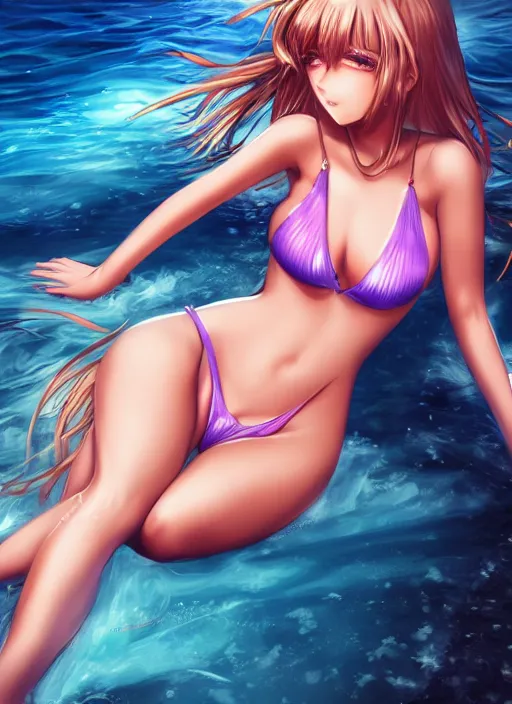 Image similar to very detailed full body portrait of alluring girl in bikini, manga, fantasy, beautiful, pretty face, curvaceous, dreamy aesthetic, 4 k, aura of light, cinematic lighting, highly detailed, sharp focus, masterpiece