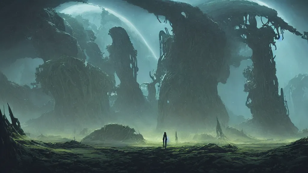 Image similar to eerie atmospheric alien planet with biomechanical plants by les edwards and vincent di fate and anato finnstark, epic cinematic matte painting