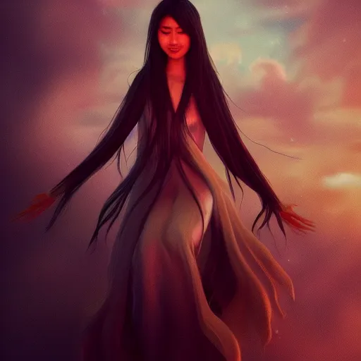 Image similar to a thin, pretty young Filipino woman with long hair floats dramatically in the air in a dreamy world in the distance, her face is shaded, very beautiful, inspiring, dramatic lighting, abstract digital art, trending on artstation