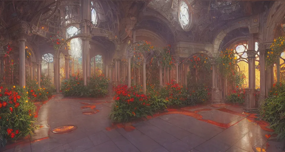 Prompt: a minimalist oil painting by donato giancola, warm coloured, cinematic scifi luxurious futuristic foggy steam filled victorian garden circular courtyard with bulbous stained glass flowers growing out of pretty ceramic fountains, gigantic pillars and flowers, beeple, star trek, star wars, ilm, star citizen, mass effect, artstation, atmospheric perspective